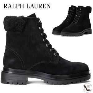 RALPH LAUREN Black Suede Lug Sole Carlee Round Toe Lace-Up Boots Ankle Booties